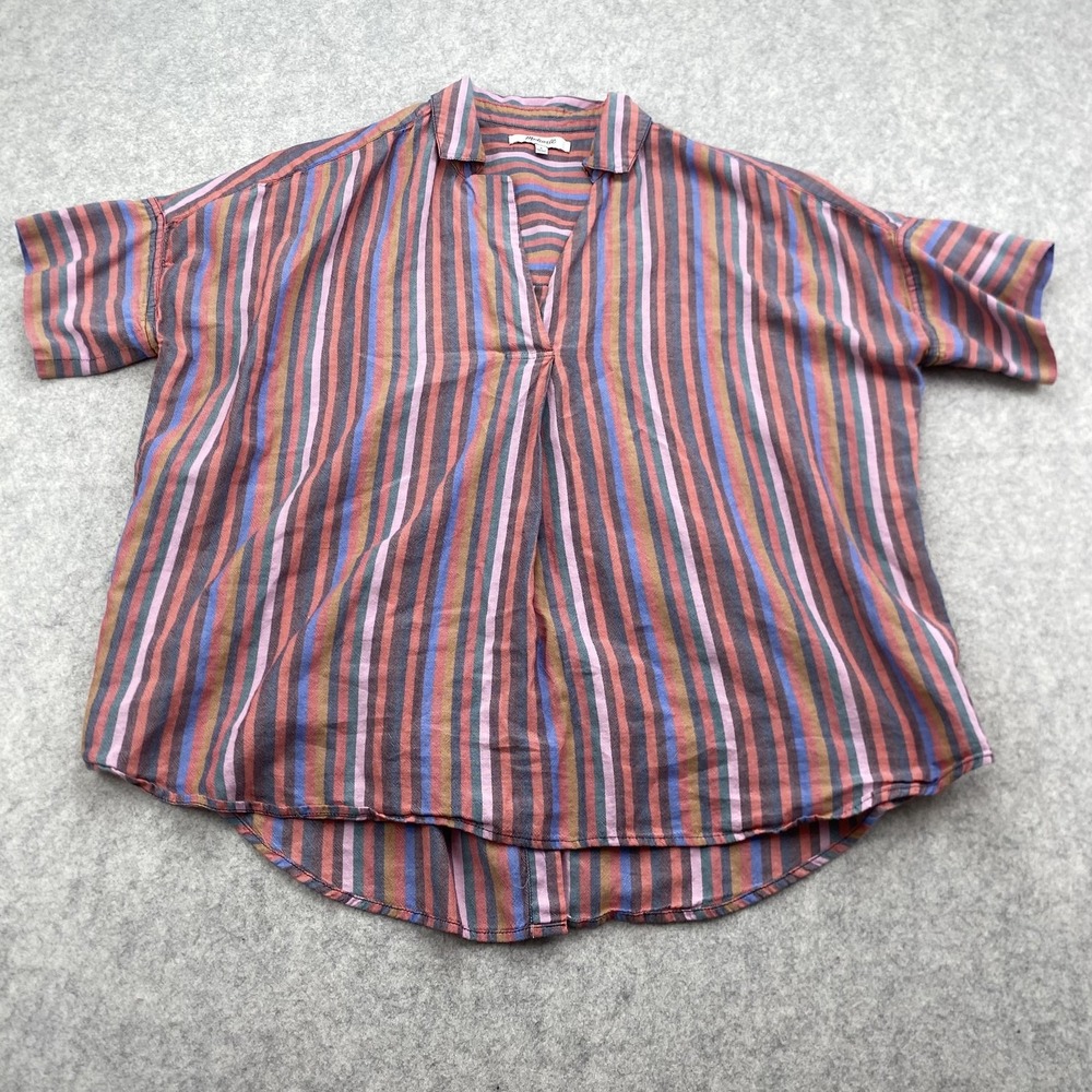 Madewell Blouse Womens Small Multicolor Stripe Button Back Short Sleeve Tunic